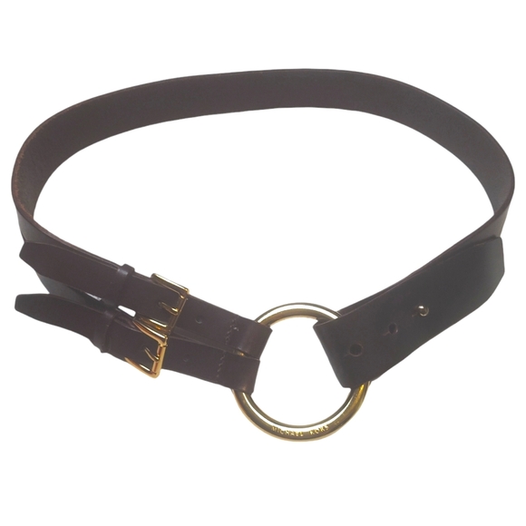 Micheal Kors Brown Leather Double Buckle Belt Gold Tone Hardware OS - Picture 5 of 9